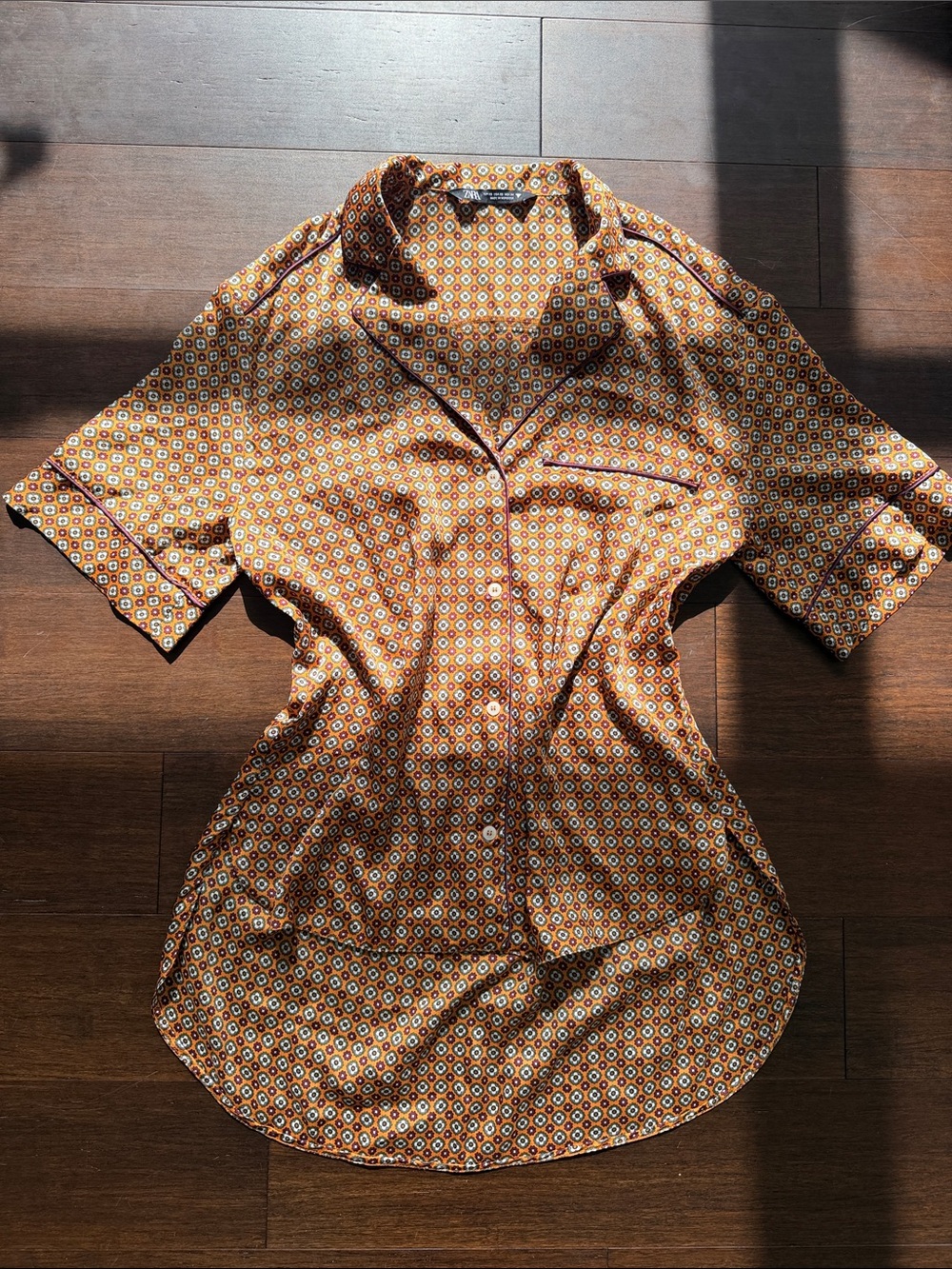 Zara Orange Geometric Short-Sleeve Button-Down Shirt